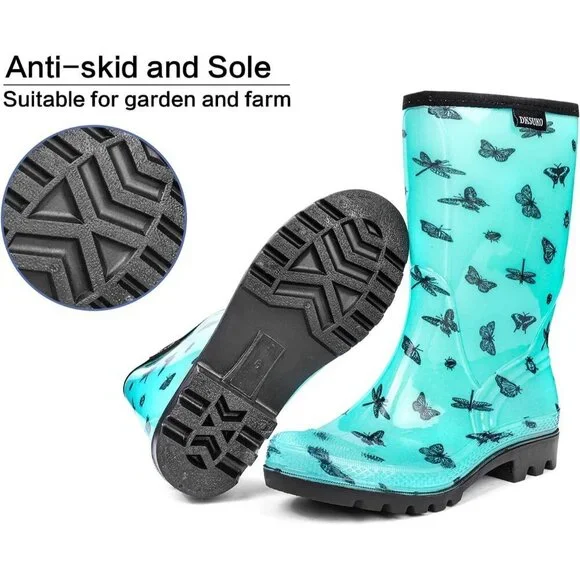 Women's Green Butterfly Lightweight Fashion Wide Calf Waterproof Rain Boots - Picture 3 of 6